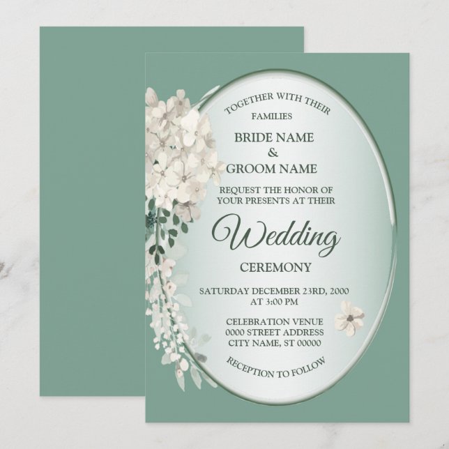 Invitación Boda geométrica floral verde jazmín blanco (Anverso / Reverso)