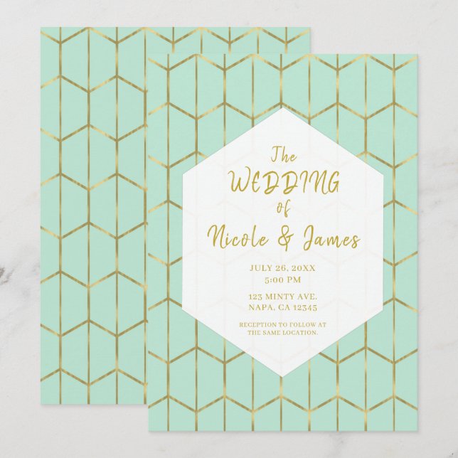 Invitación Boda geométrica hexagonal en verde menta boho dora (Anverso / Reverso)