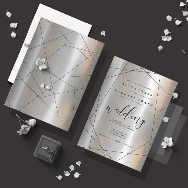 Invitación Boda Geométrica Metálica ID648 Plata/Negro (Front/Back In Situ)