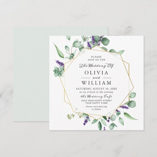 Invitación Boda geométrica moderna de eucalipto y lavanda (Anverso / Reverso)