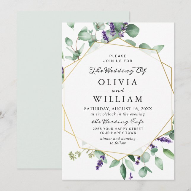Invitación Boda Geométrica Moderna de Eucalipto y Lavanda (Anverso / Reverso)
