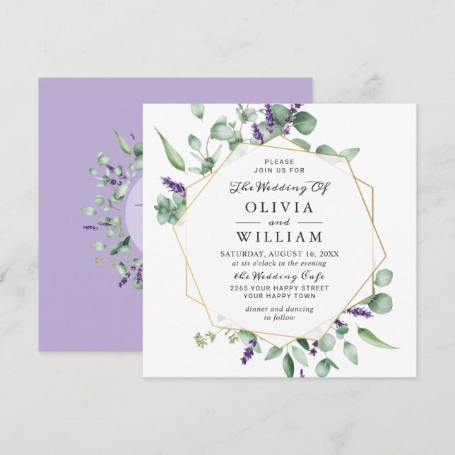 Invitación Boda Geométrica Moderna de Eucalipto y Lavanda (Anverso / Reverso)
