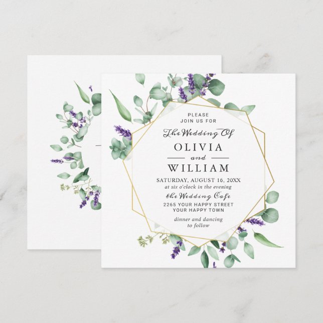 Invitación Boda Geométrica Moderna de Eucalipto y Lavanda (Anverso / Reverso)