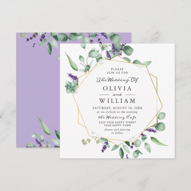 Invitación Boda Geométrica Moderna de Eucalipto y Lavanda (Anverso / Reverso)