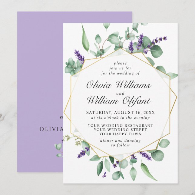 Invitación Boda Geométrica Moderna de Eucalipto y Lavanda (Anverso / Reverso)