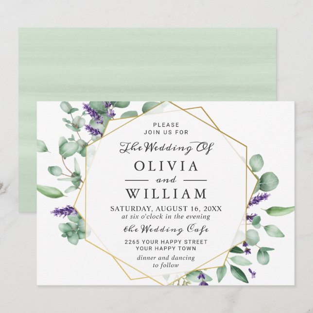 Invitación Boda Geométrica Moderna de Eucalipto y Lavanda (Anverso / Reverso)