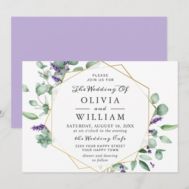 Invitación Boda Geométrica Moderna de Eucalipto y Lavanda (Anverso / Reverso)