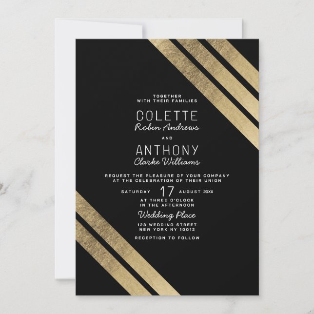 Invitación Boda geométrica moderna de lujo en negro y oro (Anverso)