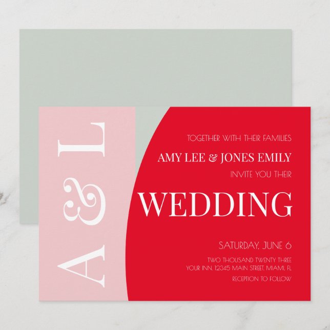 Invitación Boda geométrica moderna rosa rojo brillante (Anverso / Reverso)