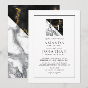 Invitación Boda geométrica monograma de mármol y papel de alu