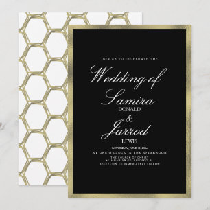 Invitación Boda Geométrica Negra de Oro Falso Moderno