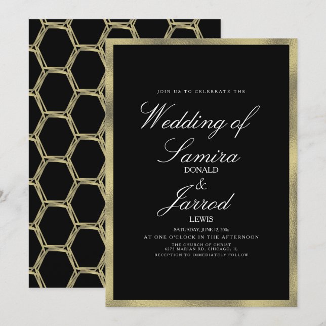 Invitación Boda Geometrica Negra de Oro Falso Moderno (Anverso / Reverso)