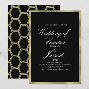Invitación Boda Geometrica Negra de Oro Falso Moderno