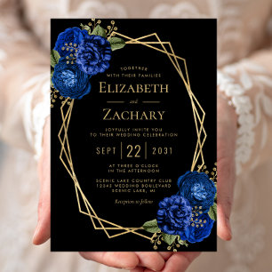 Invitación Boda Geométrica Negra Floral Azul Real Dorada