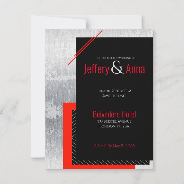 Invitación Boda geométrica rojo, negro, gris, rayas blancas  (Anverso)