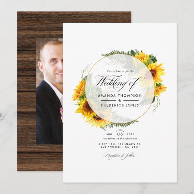 Invitación Boda geométrica rústica de girasoles en acuarela (Anverso / Reverso)