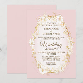 Invitación Boda geométrica rústica floral blanca dorada 