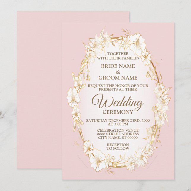 Invitación Boda geométrica rústica floral blanca dorada  (Anverso / Reverso)
