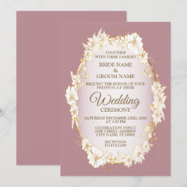 Invitación Boda geométrica rústica floral blanca dorada rosa