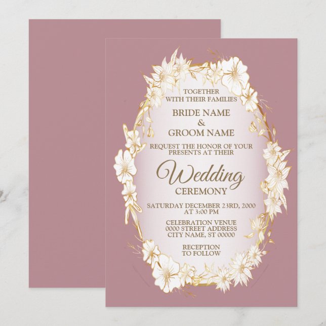 Invitación Boda geométrica rústica floral blanca dorada rosa (Anverso / Reverso)