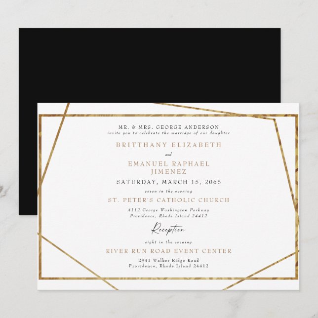 Invitación Boda geométrica simple de blanco, negro y dorado (Anverso / Reverso)