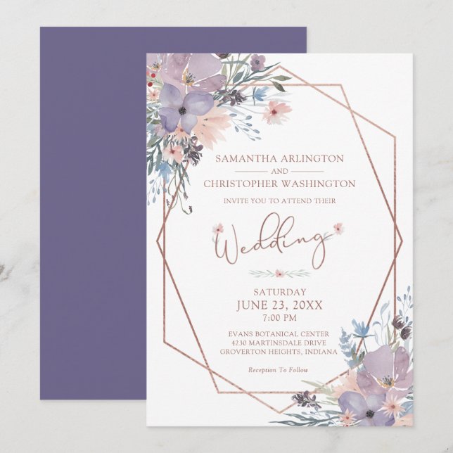 Invitación Boda geométrico acuarela floral púrpura (Anverso / Reverso)