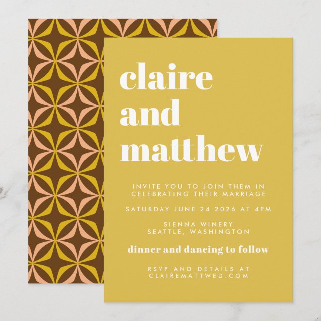 Invitación Boda geométrico amarillo de mediados de siglo todo (Anverso / Reverso)