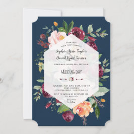 Invitación Boda Geométrico Azul de la Marina de Oro Floral de