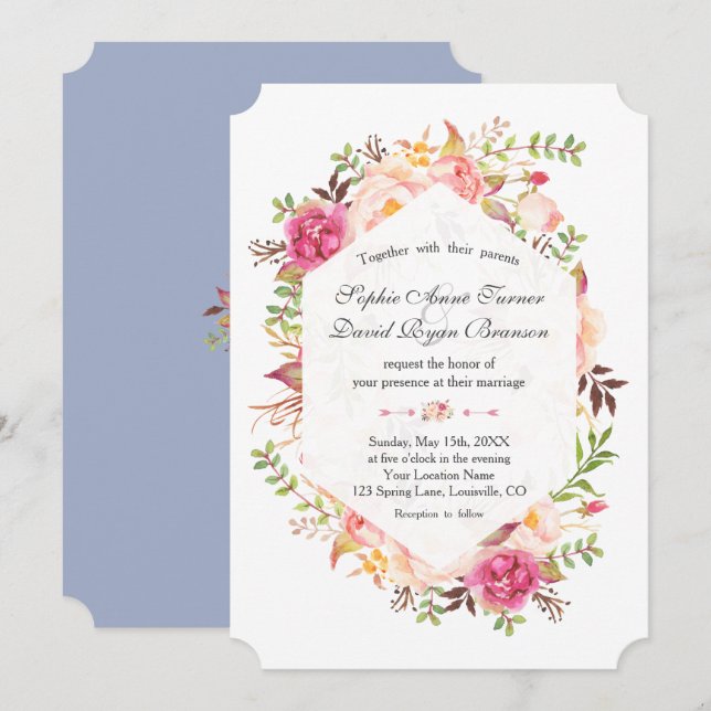 Invitación Boda Geométrico Azul Dusty Floral Rosa Rubor (Anverso / Reverso)