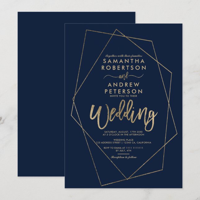 Invitación boda geométrico azul marino oro minimalista (Anverso / Reverso)