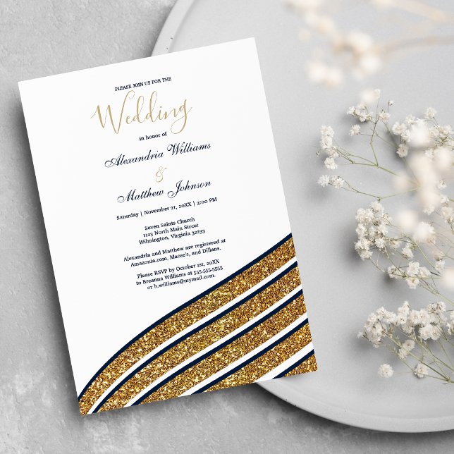 Invitación Boda geométrico azul marino purpurina de oro blanc (White gold glitter navy blue geometric Wedding )
