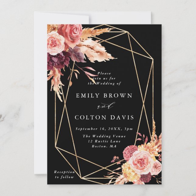Invitación Boda geométrico Black Burgundy Terracotta Gold (Anverso)