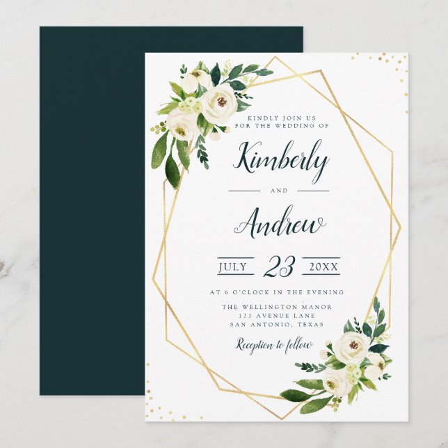 Invitación boda geométrico blanco floral y dorado moderno (Anverso / Reverso)