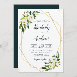 Invitación boda geométrico blanco floral y dorado moderno