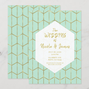 Invitación Boda Geométrico Boho Mint Green Hexagon Gold
