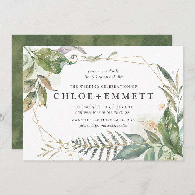 Invitación Boda Geométrico Boho Moda Oro Botánico (Anverso / Reverso)