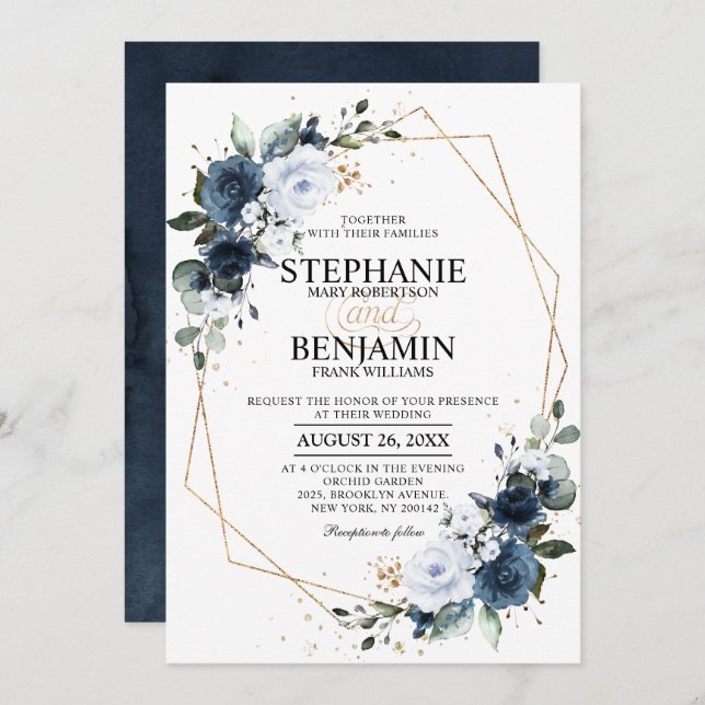 Invitación Boda geométrico Boho Rosa azul de la Marina (Anverso / Reverso)