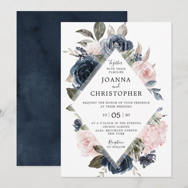 Invitación Boda Geométrico Boho Rosa Rubor Mauve Azul de la M (Anverso / Reverso)