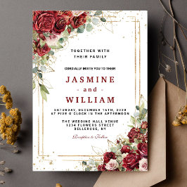 Invitación Boda Geométrico Boho Rubor Burgundy Floral Gold