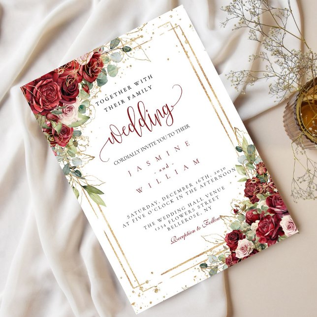 Invitación Boda Geométrico Boho Rubor Burgundy Floral Gold (Subido por el creador)