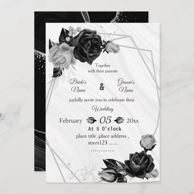Invitación boda geométrico botánico de flores de plata y negr (Anverso / Reverso)