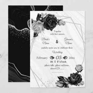 Invitación boda geométrico botánico de flores de plata y negr