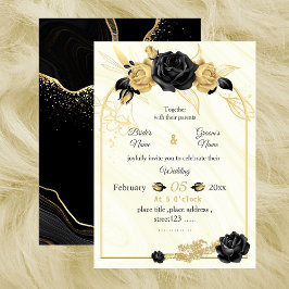 Invitación boda geométrico botánico de flores doradas y negra