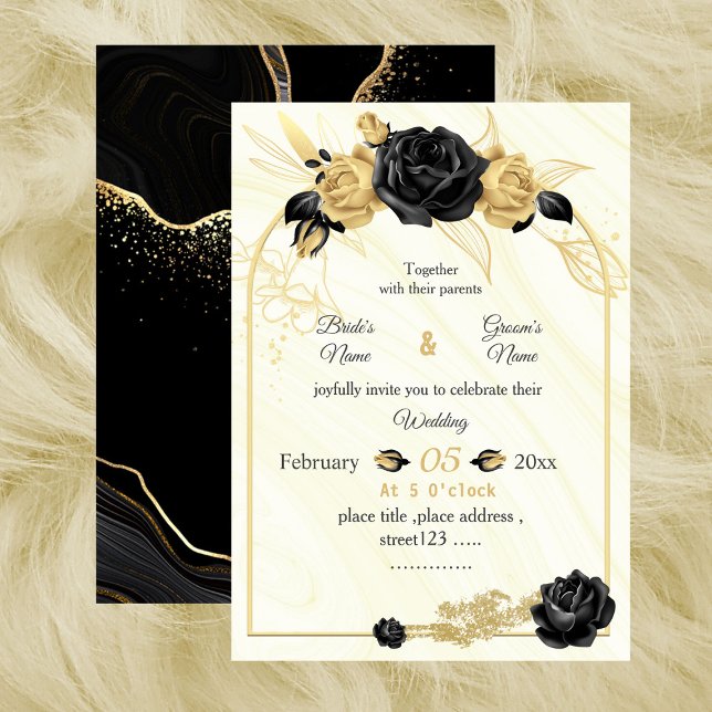 Invitación boda geométrico botánico de flores doradas y negra (Subido por el creador)