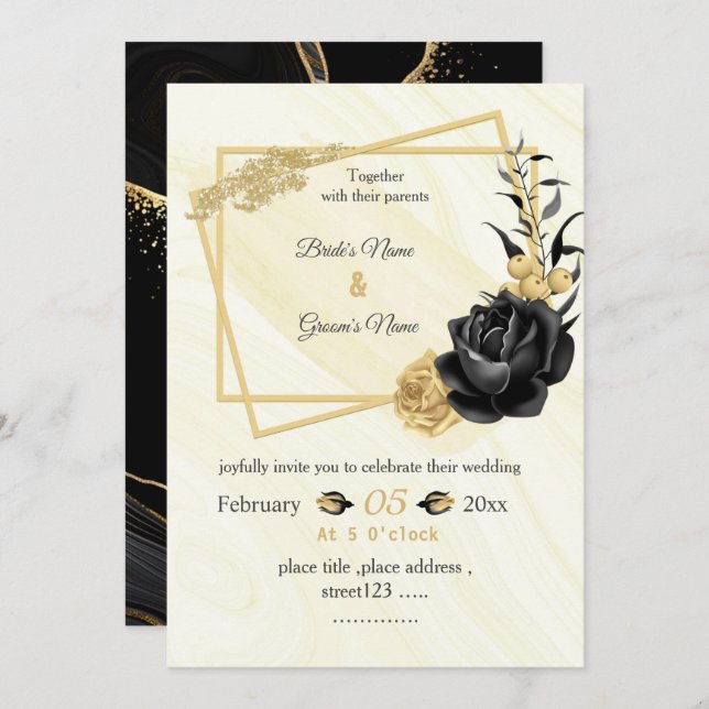 Invitación boda geométrico botánico de flores doradas y negra (Anverso / Reverso)