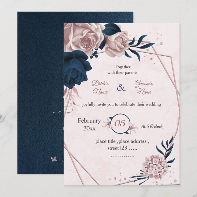 Invitación boda geométrico botánico de flores marinas y rosas (Anverso / Reverso)
