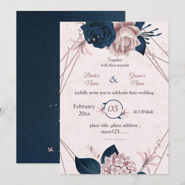 Invitación boda geométrico botánico de flores marinas y rosas (Anverso / Reverso)