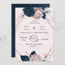 Invitación boda geométrico botánico de flores marinas y rosas