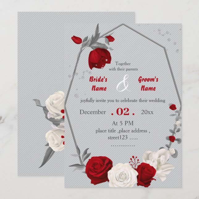 Invitación boda geométrico botánico de flores rojas y blancas (Anverso / Reverso)