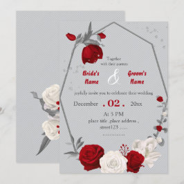 Invitación boda geométrico botánico de flores rojas y blancas